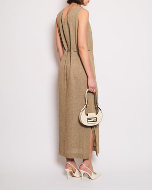 Chanel 08P Beige Sleeveless Linen Maxi Dress with Silver CC Logo Chain Detail FR 40 (UK 12)