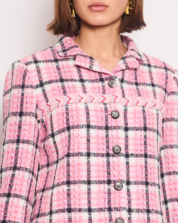 Chanel 24/S Pink Checkered Tweed Jacket with CC Diamante Buttons Size FR 40 UK 12)