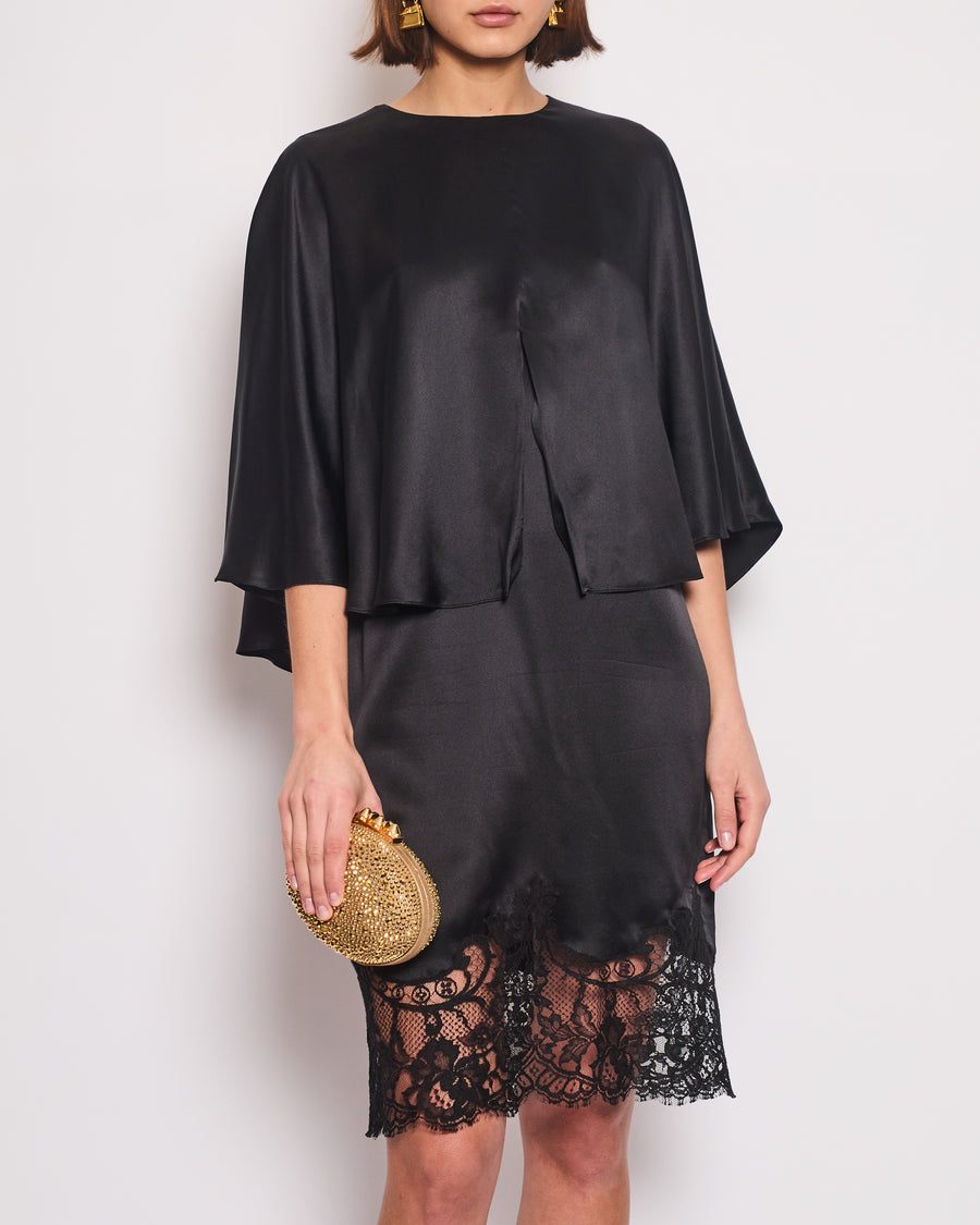 Givenchy Black Silk Midi Dress with Lace and Cape Detail Size FR 38 (UK 10)