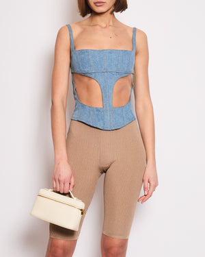 Mugler Blue Denim Corset Top with Mesh Panel Detail Size FR 36 (UK 8)