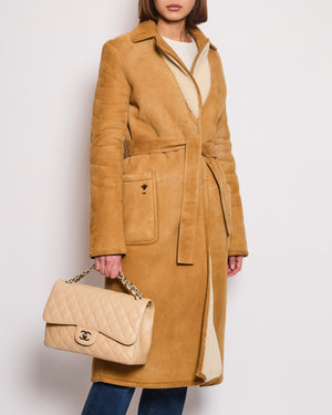 Christian Dior Tan and Cream Reversible Suede and Shearling Coat with Embroidered Logo and Belt Size FR 38 (UK 10)