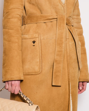 Christian Dior Tan and Cream Reversible Suede and Shearling Coat with Embroidered Logo and Belt Size FR 38 (UK 10)