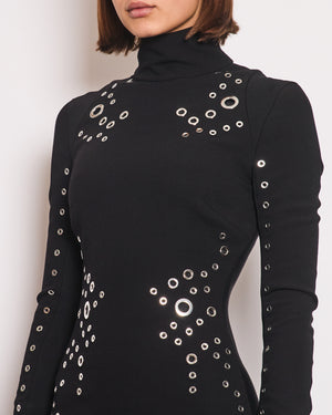 Mugler Black Wool Long Sleeve Mini Dress with Silver Metal Perforation Size FR 36 (UK 10)