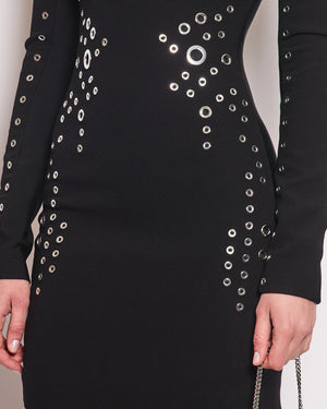 Mugler Black Wool Long Sleeve Mini Dress with Silver Metal Perforation Size FR 36 (UK 10)