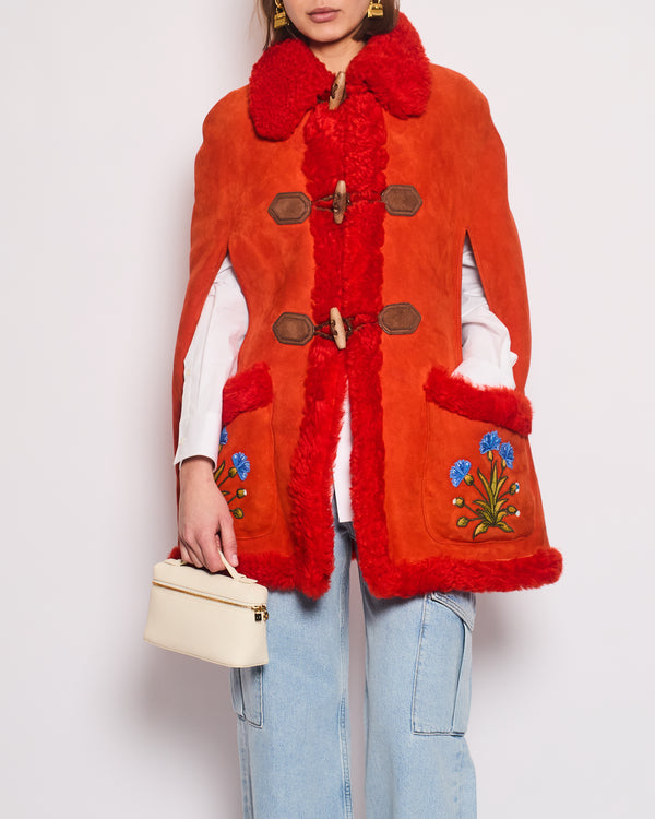 Gucci Orange Reversible Shearling Floral Embroidered Cape with Button Hook Detail Size It 42 (UK 10)