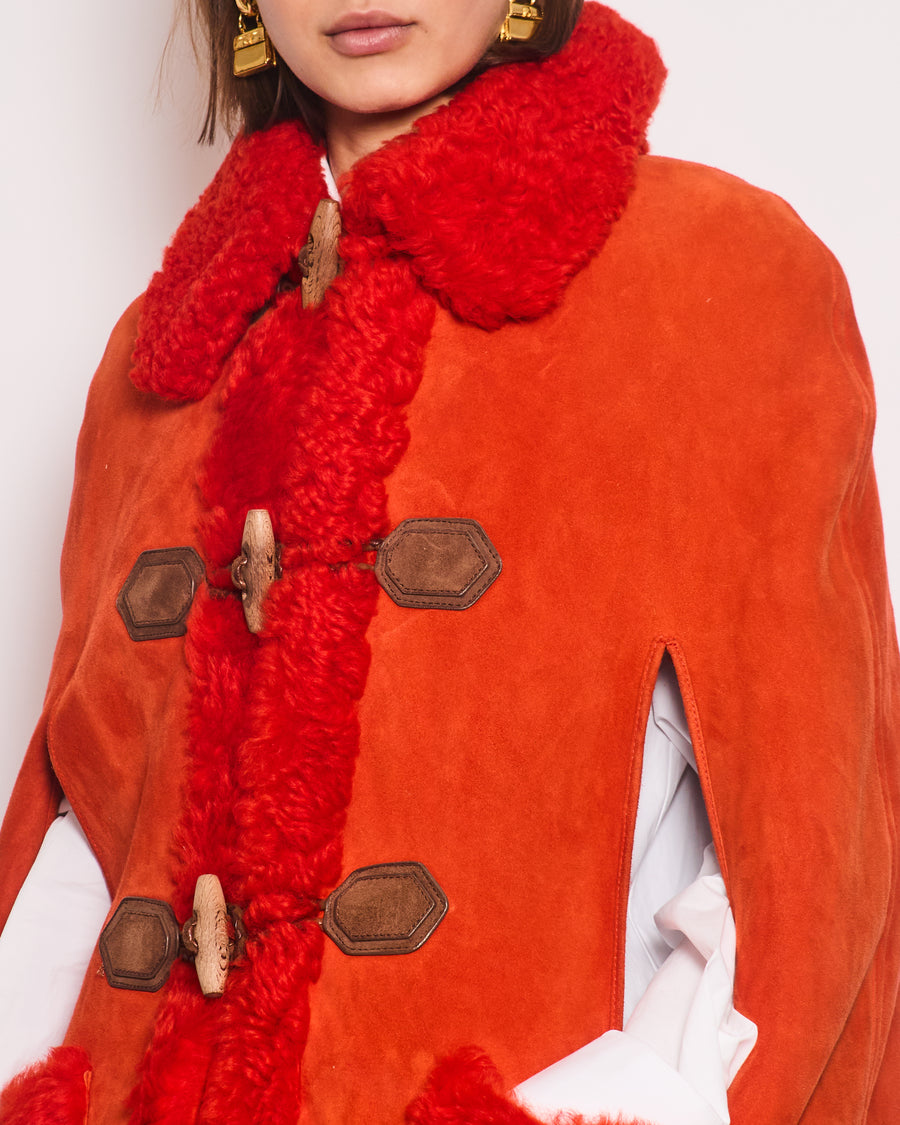 Gucci Orange Reversible Shearling Floral Embroidered Cape with Button Hook Detail Size It 42 (UK 10)