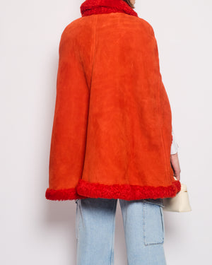 Gucci Orange Reversible Shearling Floral Embroidered Cape with Button Hook Detail Size It 42 (UK 10)