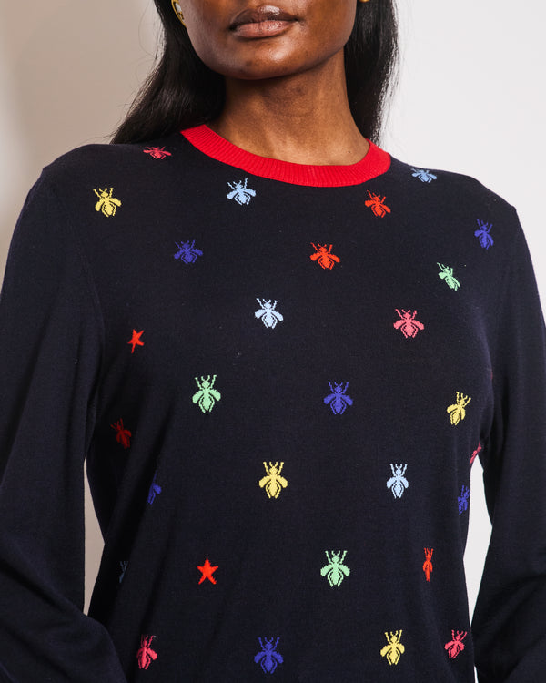 Gucci Navy Long Sleeve Jumper with Bees and Red Detail IT 40 (UK 8)