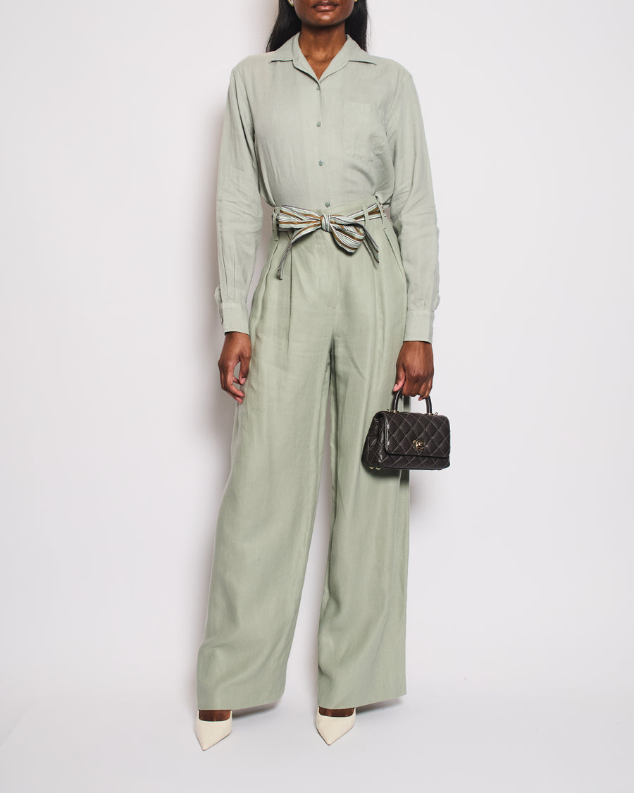 Loro Piana Sage Green Two-Piece Linen Shirt and Trousers Set Size IT 42 (UK 10)