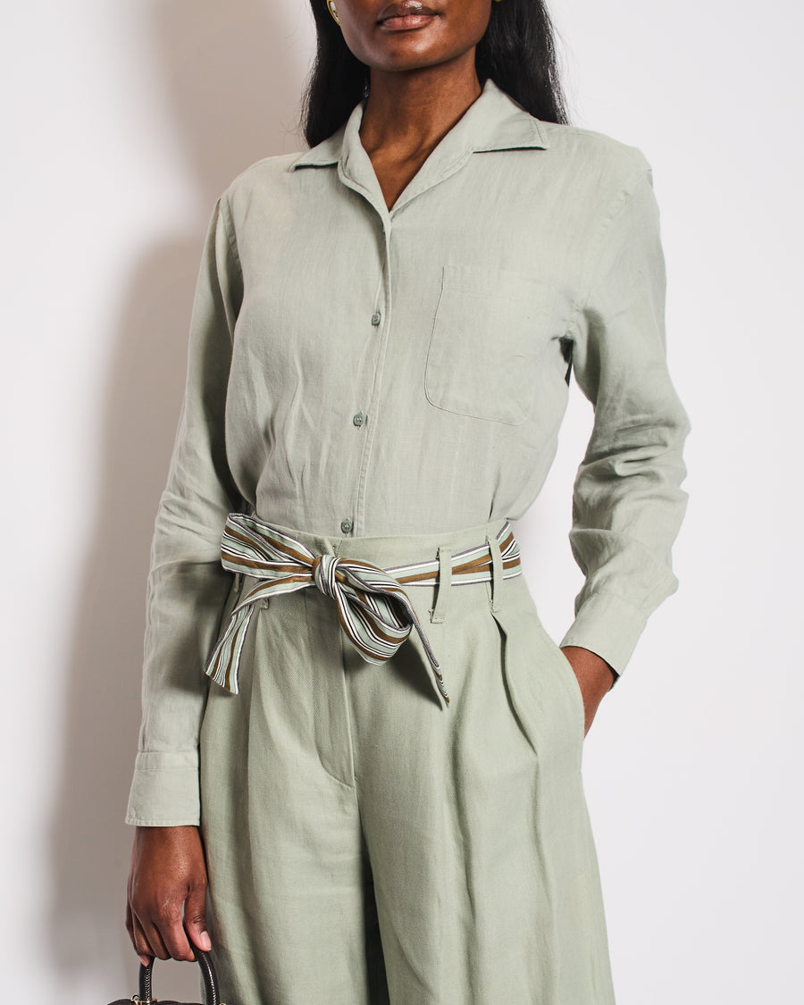 Loro Piana Sage Green Two-Piece Linen Shirt and Trousers Set Size IT 42 (UK 10)