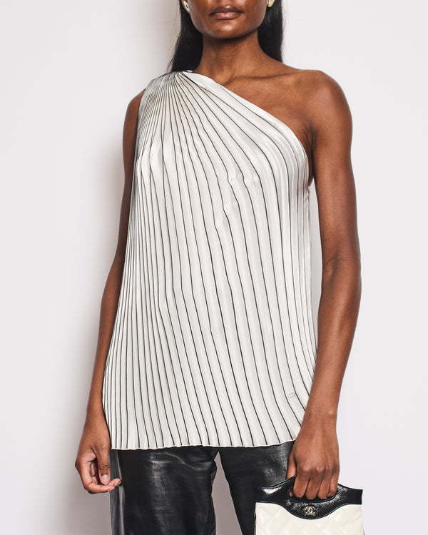 Chanel White Silk Striped Ruffle One Shoulder Top with Crystal CC Logo Detail Size FR 40 (UK 12)