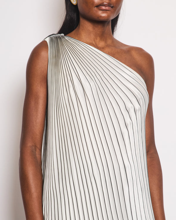 Chanel White Silk Striped Ruffle One Shoulder Top with Crystal CC Logo Detail Size FR 40 (UK 12)