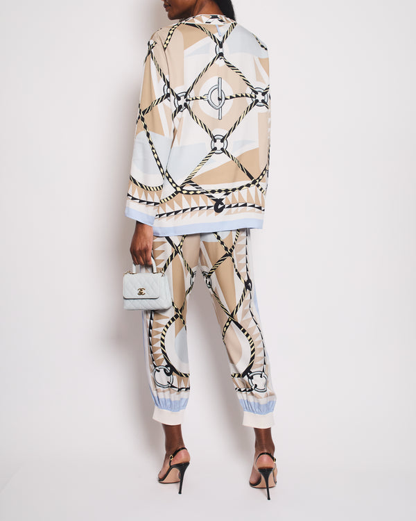 Hermès Baby Blue and Brown Silk Blouse and Trousers Set with Printed Details Size FR 38/40 (UK 10/12)