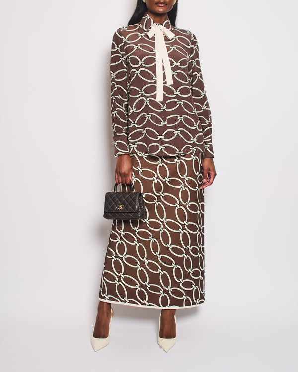 Valentino Brown and White Silk Blouse and Maxi Skirt Set with Printed Details Size IT 40/42 (UK 8/10)