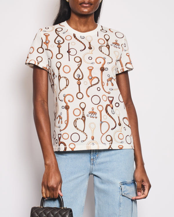 Hermès White and Brown "Panoplie Tout Cuir" Printed T-Shirt Size FR 40 (UK 12) RRP £560