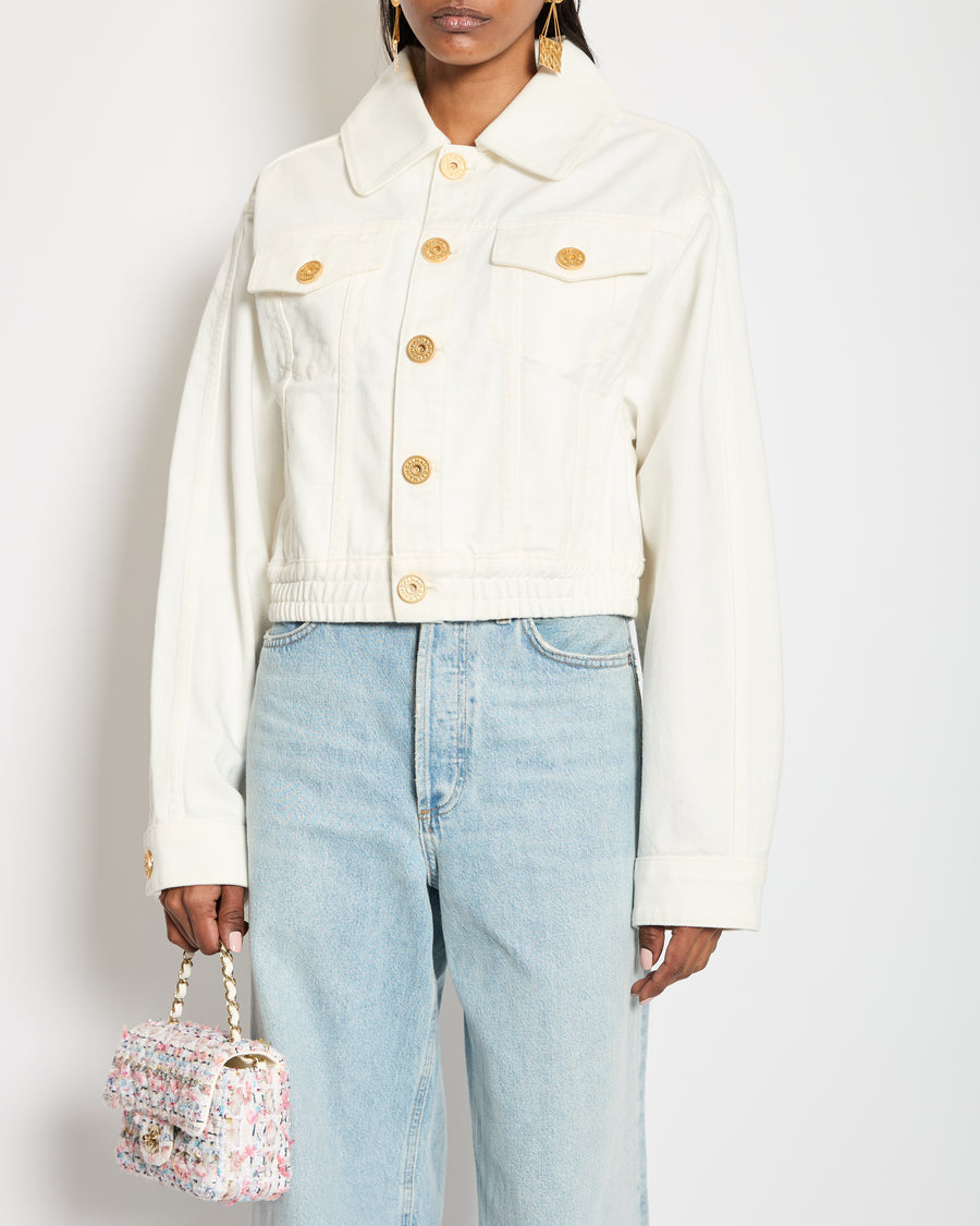 Balmain White Denim Jacket with Gold Logo Button Detail Size FR 38 (UK 10)