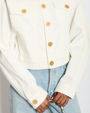 Balmain White Denim Jacket with Gold Logo Button Detail Size FR 38 (UK 10)