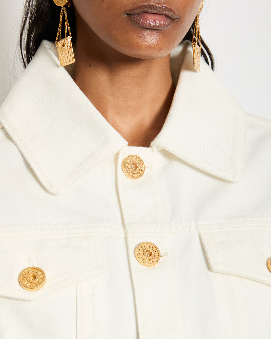 Balmain White Denim Jacket with Gold Logo Button Detail Size FR 38 (UK 10)