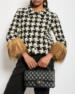 *CURRENT SEASON* Valentino Black & White Houndstooth Pied-De-Poule Tweed Jacket with Faux Fur Sleeves Detail Size IT 40 (UK 8) RRP £3,250