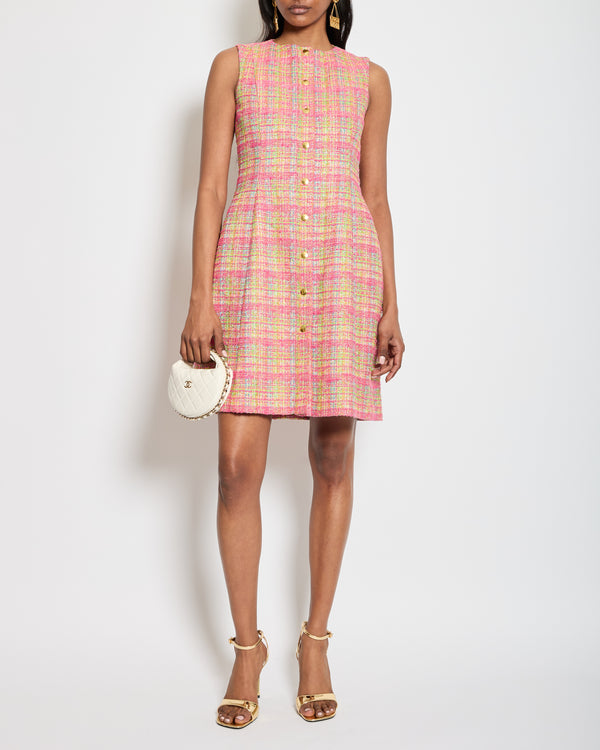 Carolina Herrera Pink & Multicolour Tweed Dress with Gold Buttons Size 0 (UK 4) RRP £1650