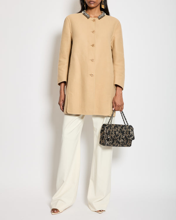 Ermanno Scervino Beige Mid-Lenght Wool Coat with Crystals & Pearls Collar Detail Size IT 36 (UK 4)