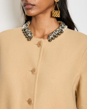 Ermanno Scervino Beige Mid-Lenght Wool Coat with Crystals & Pearls Collar Detail Size IT 36 (UK 4)