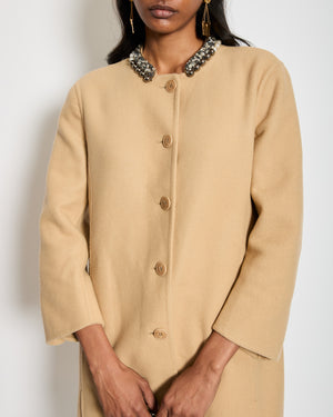 Ermanno Scervino Beige Mid-Lenght Wool Coat with Crystals & Pearls Collar Detail Size IT 36 (UK 4)