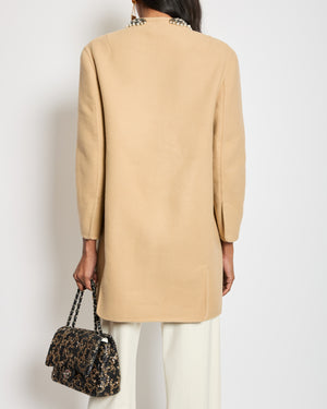 Ermanno Scervino Beige Mid-Lenght Wool Coat with Crystals & Pearls Collar Detail Size IT 36 (UK 4)