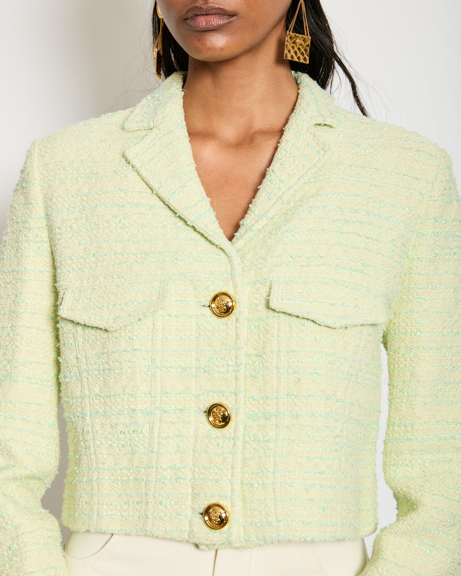 Giambattista Valli Light Green Tweed Cropped Jacket with Gold Buttons Detail IT 38 (UK 6)