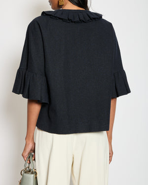 Valentino Vintage Navy Blue Cropped Sleeve Jacket With Ruffle Neckline Detail