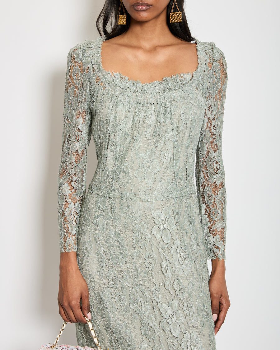 Dolce & Gabbana Vintage Dusty Blue Lace Cropped Sleeve Midi Dress Size IT 44 (UK 12)