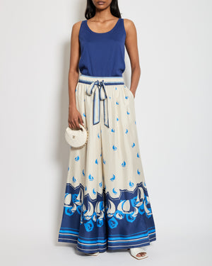 Zimmermann White and Blue Boat Printed Silk Wide-Leg Trousers with Drawstring Tie Waist Size 2 (UK 12)