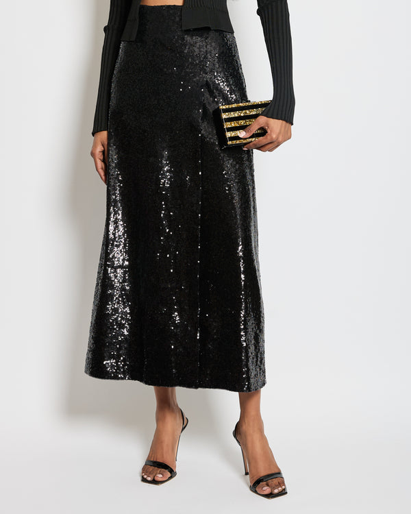 Miu Miu Black Sequin Straight Midi Skirt with Split Size IT 38 (UK 6)