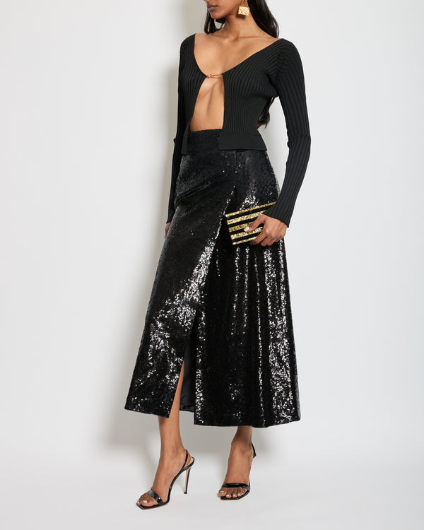 Miu Miu Black Sequin Straight Midi Skirt with Split Size IT 38 (UK 6)