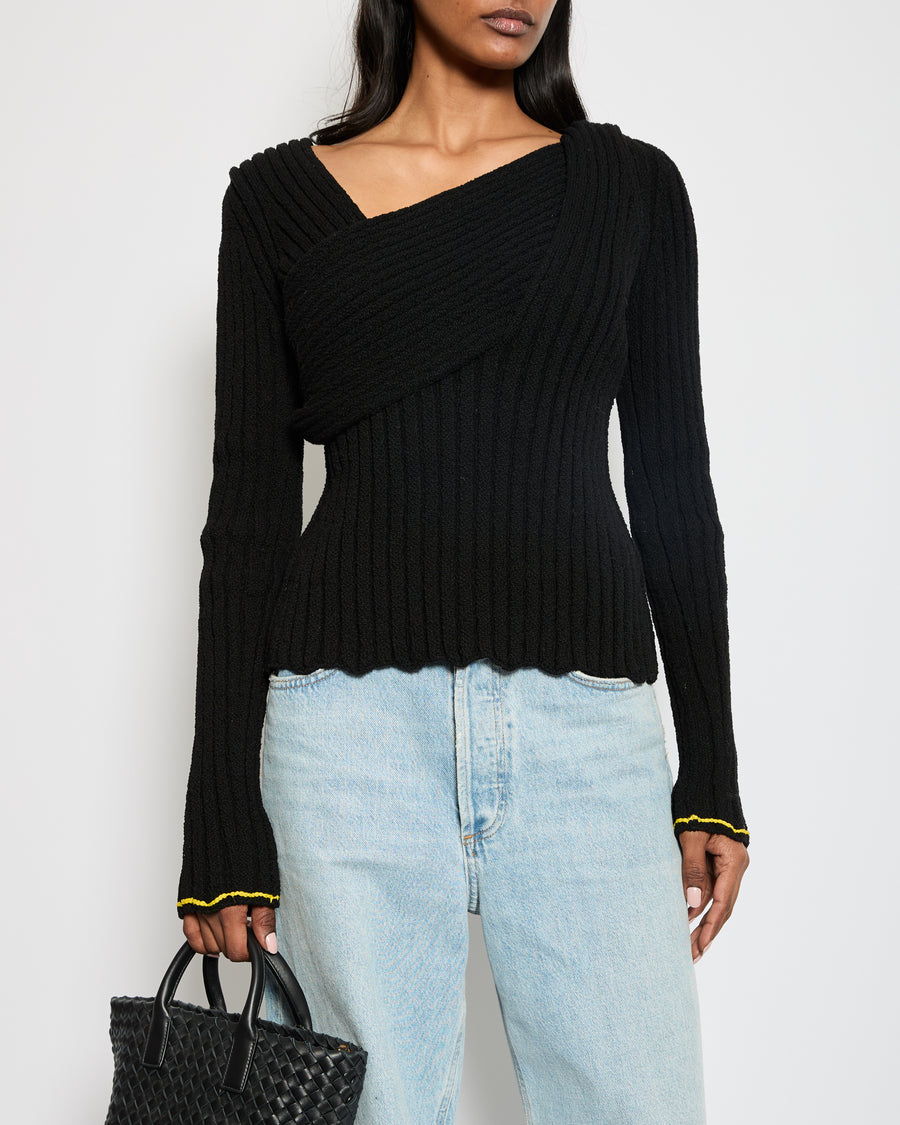 Bottega Black Pre Spring 2020 Ribbed Long Sleeve Wrap Top with Yellow Cuff Detail Size IT 36 (UK 4)