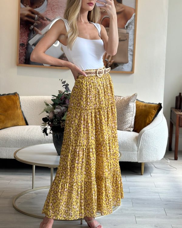 Zimmermann Lemon Leopard Carnaby Tiered Skirt with Raffia Belt Size 1 (UK 10)