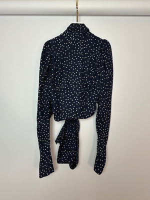 Magda Butrym Navy and White Long Sleeve Polka Dot Silk Blouse with High Neck and Back Tie Size FR 34 (UK 6)