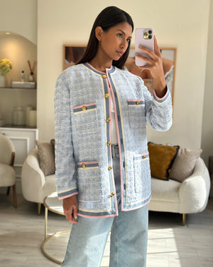 Gucci Spring / Summer 2018 Sky Blue Tweed Long Jacket with Pink, Blue & Cream Lapels and Gold Buttons Details Size IT 38 (UK 6)