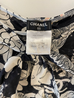 Chanel Black and White Abstract Printed Open-Back Silk Top and Shorts Set with CC Logo Details Size FR 36 (UK 8)