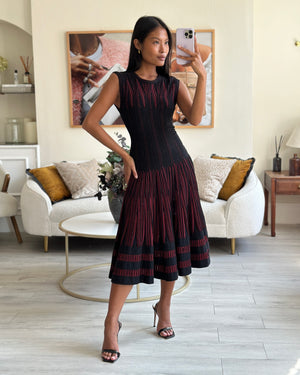 Alaia Black and Red Stripe Knit Sleeveless A-Line Midi Dress with Round Neckline Size IT 40 (UK 8)