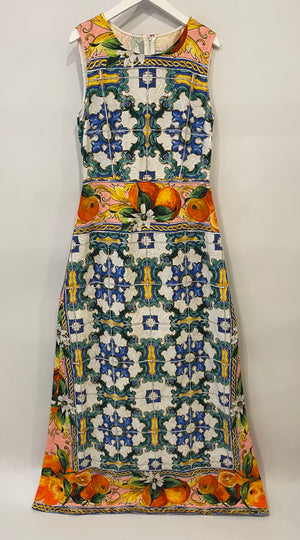 Dolce & Gabbana Sicily Orange Printed Multicolour Maxi Sleeveless Dress Size IT 40 (UK 8)