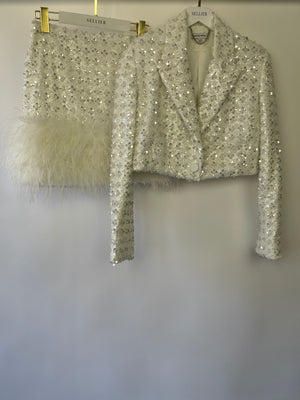 Nadine Merabi Clara White Embellished Blazer and Skirt Set with Feather Detail Size S (UK 8)