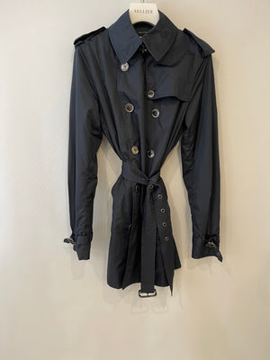 Burberry Navy Classic Trench Coat with Belt and Button Details Size UK 8