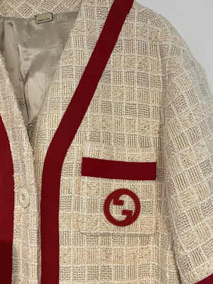 Gucci Pre-Fall 2023 Cream Collarless Tweed Jacket with Red Ribbon Trim Size IT 36 (UK 4)