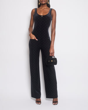 Chanel 23M Black Velvet Quilted Sleeveless Jumpsuit with Crystal CC logo and Pockets Details Size FR 38 (UK 10) RRP £5,800