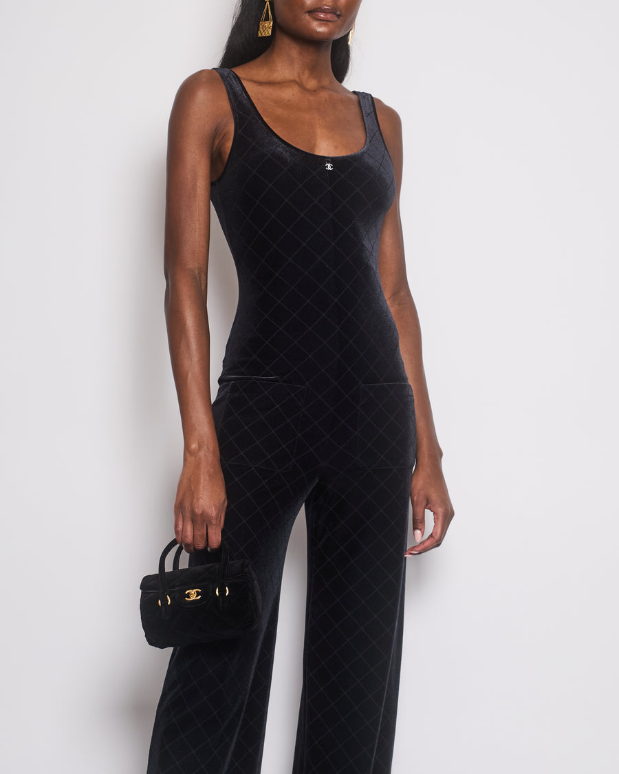 Chanel 23M Black Velvet Quilted Sleeveless Jumpsuit with Crystal CC logo and Pockets Details Size FR 38 (UK 10) RRP £5,800