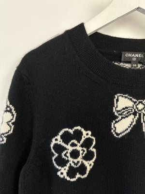 Chanel 16/A Black Camellia and Bow Long Sleeve Jumper with Pocket Detail Size FR 38 (UK 10)