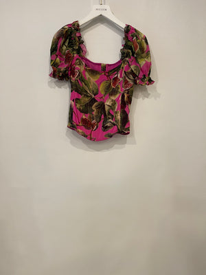 Dolce & Gabbana Pink Fig Printed Silk Corset Top with Puffy Sleeves Size IT 42 (UK 10) RRP £1,050