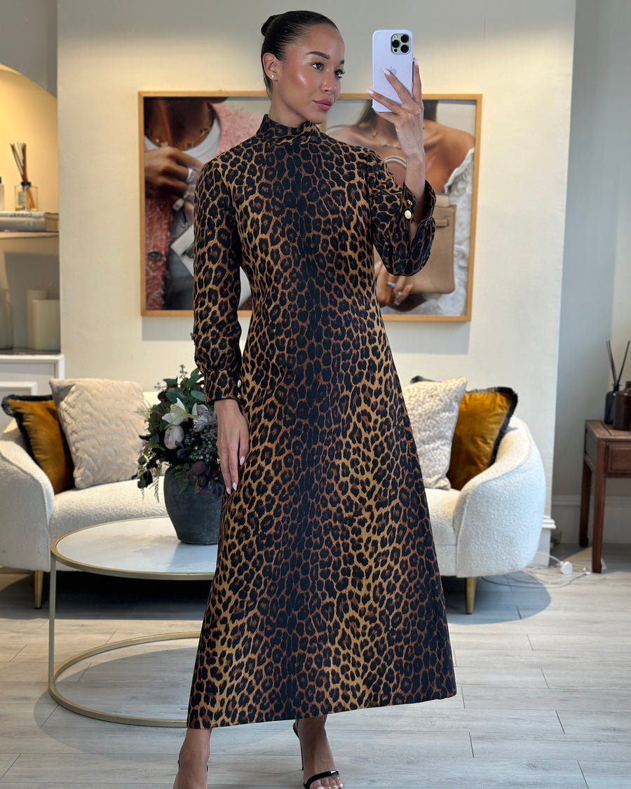 Gucci Brown High-Neck Long-Sleeve Leopard Print Brown Midi Dress Size IT 42 (UK 10)