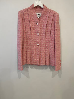 Chanel Pink Tweed Jacket and Midi Skirt Set with Ceramic CC Logo Buttons Size FR 34 (UK 6)